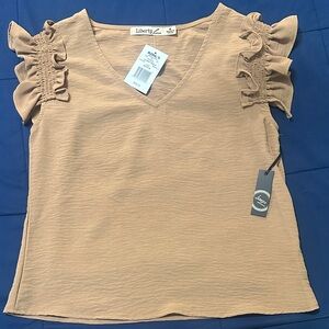 Liberty Love Women's Blouse with Ruffle Sleeves in Tan